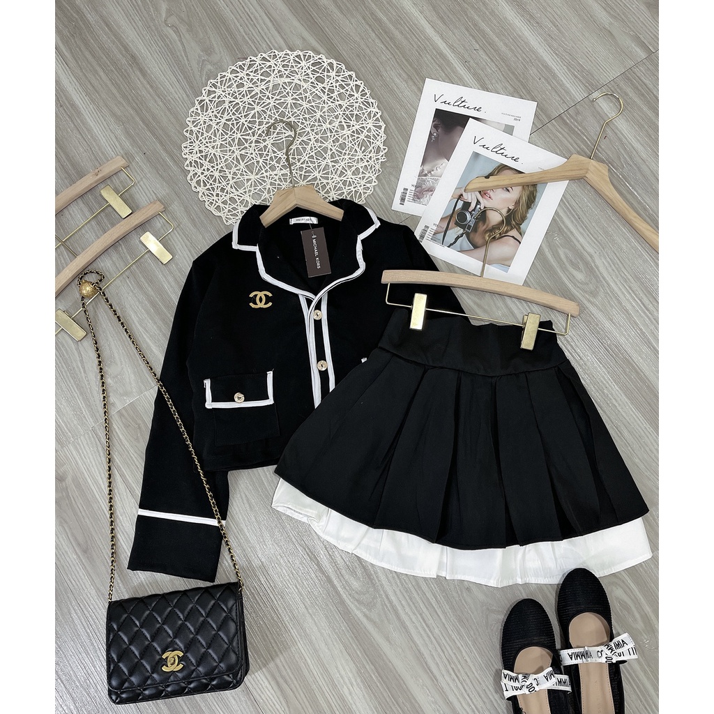 Set váy nữ viền kẻ trắng