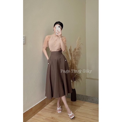 BÁN SỈ CHÂN VÁY XOÈ MIDI GEN BỤNG 2 MÀU ĐEN NÂU CHO NỮ | BigBuy360 - bigbuy360.vn