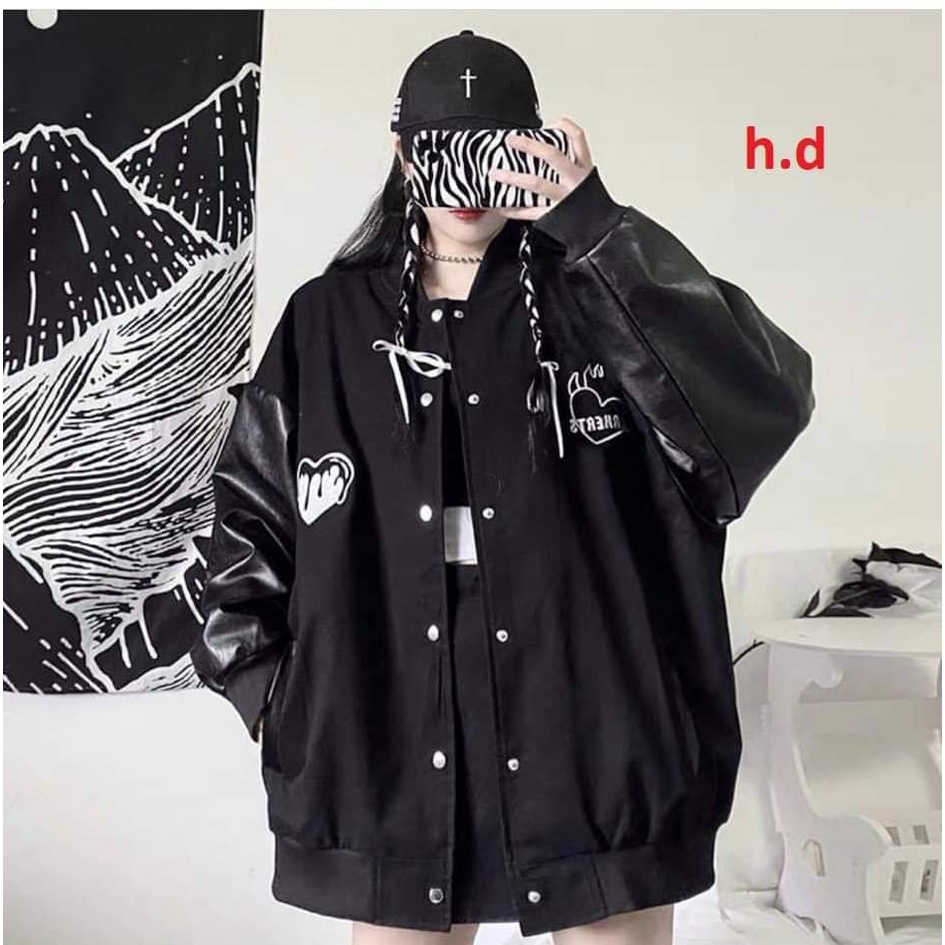Áo Khoác Bomber Unisex Form Rộng , Áo Khoác Nỉ Tay Da Họa Tiết Trái Tim Dáng Đẹp | BigBuy360 - bigbuy360.vn