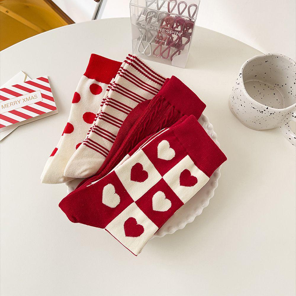 Vớ Cotton Màu Đỏ Họa Tiết Chấm Bi / Trái Tim Ngọt Ngào Thời Trang Cho Nữ