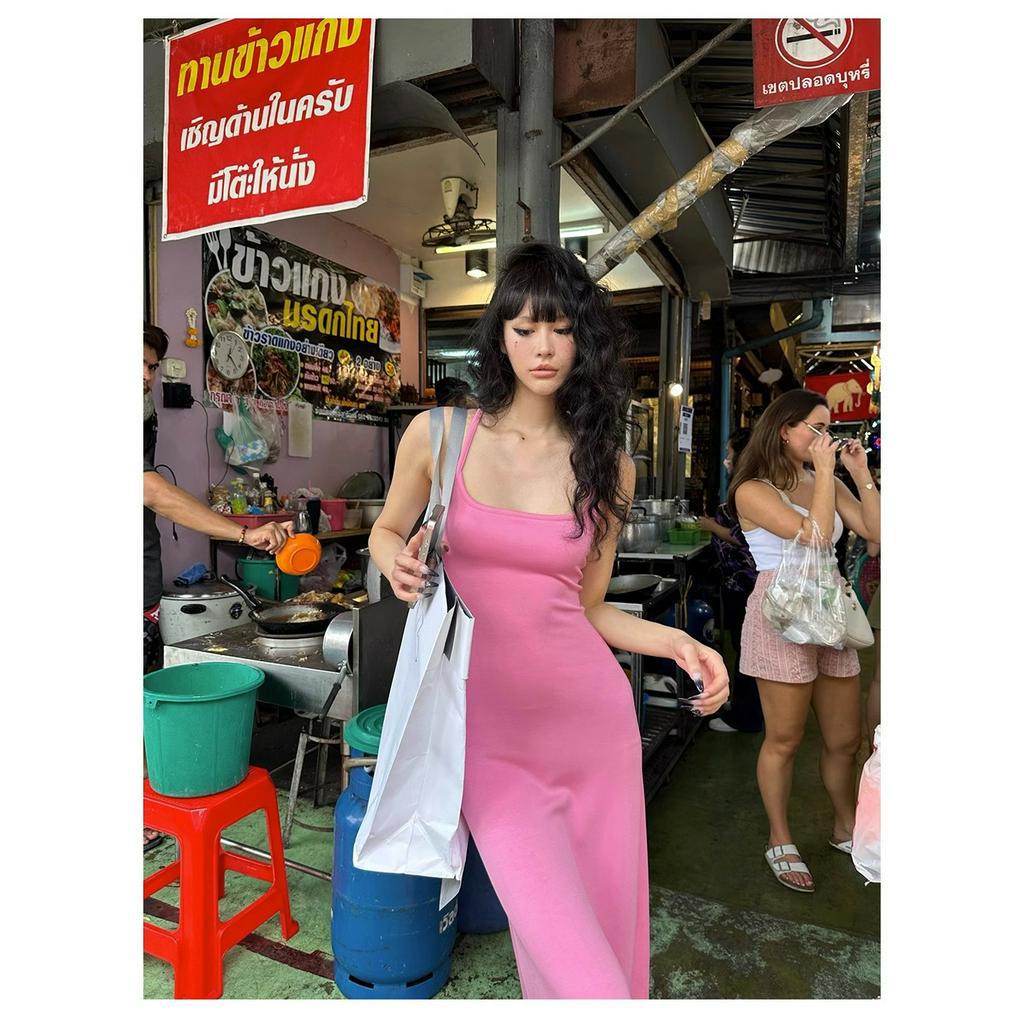 Đầm Hai Dây Dáng Dài Form Ôm Màu Hồng Thời Trang Mùa Hè