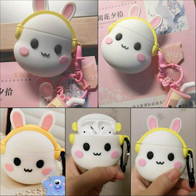 (Order 17 ngày) Case bảo vệ Airpods Pro/1/2 con thỏ béo bunny đeo tai nghe headphone vàng/ gấu xanh buồn EARISE