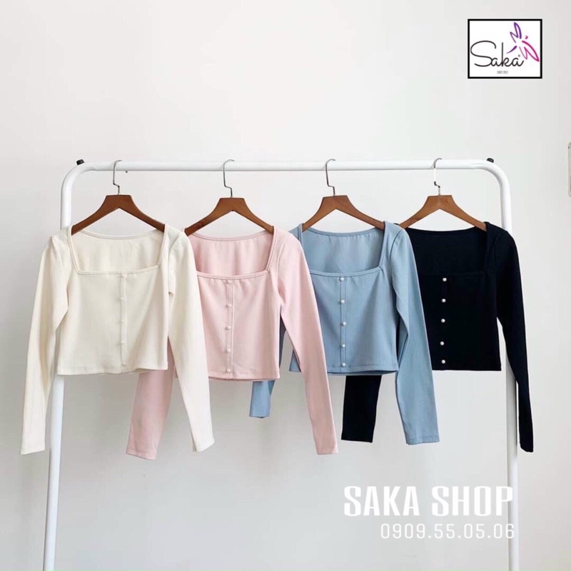 Áo croptop nữ thun tay dài nút ngọc vải 4 màu