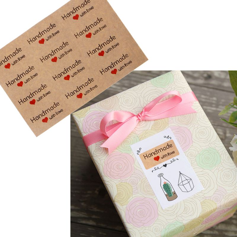 Bộ 12 Miếng Dán Giấy Kraft Tự Dính Hình Vuông 1.5 Inch In Chữ Handmade With Love