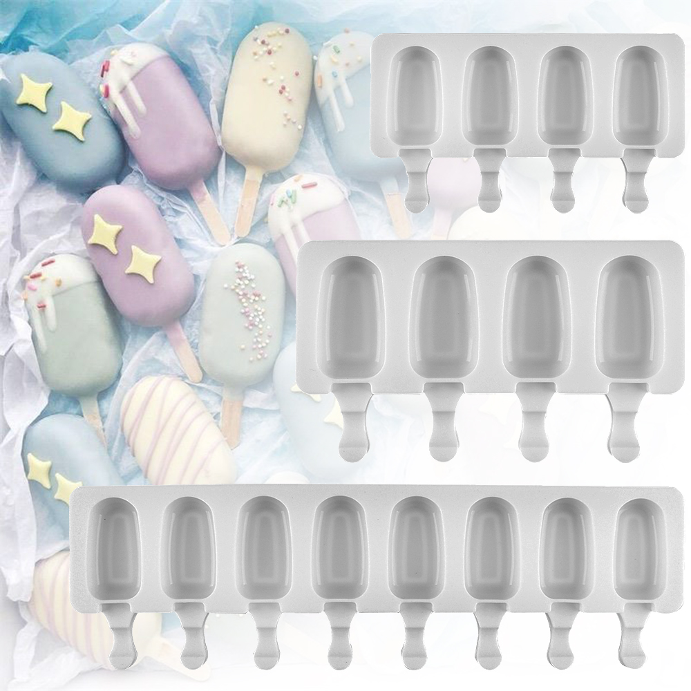 Khuôn Silicone Làm Kem Que Hình Oval 4/8 Ngăn Kèm Que Tiện Dụng Cho Nhà Bếp