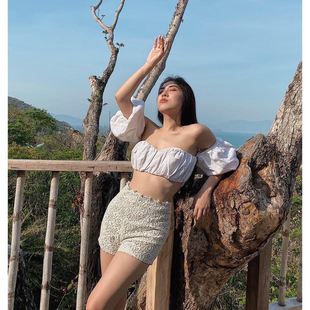 Áo trễ vai croptop tay phồng PINKSTORE29, phong cách tiểu thư NGÂY NGÔ A5356