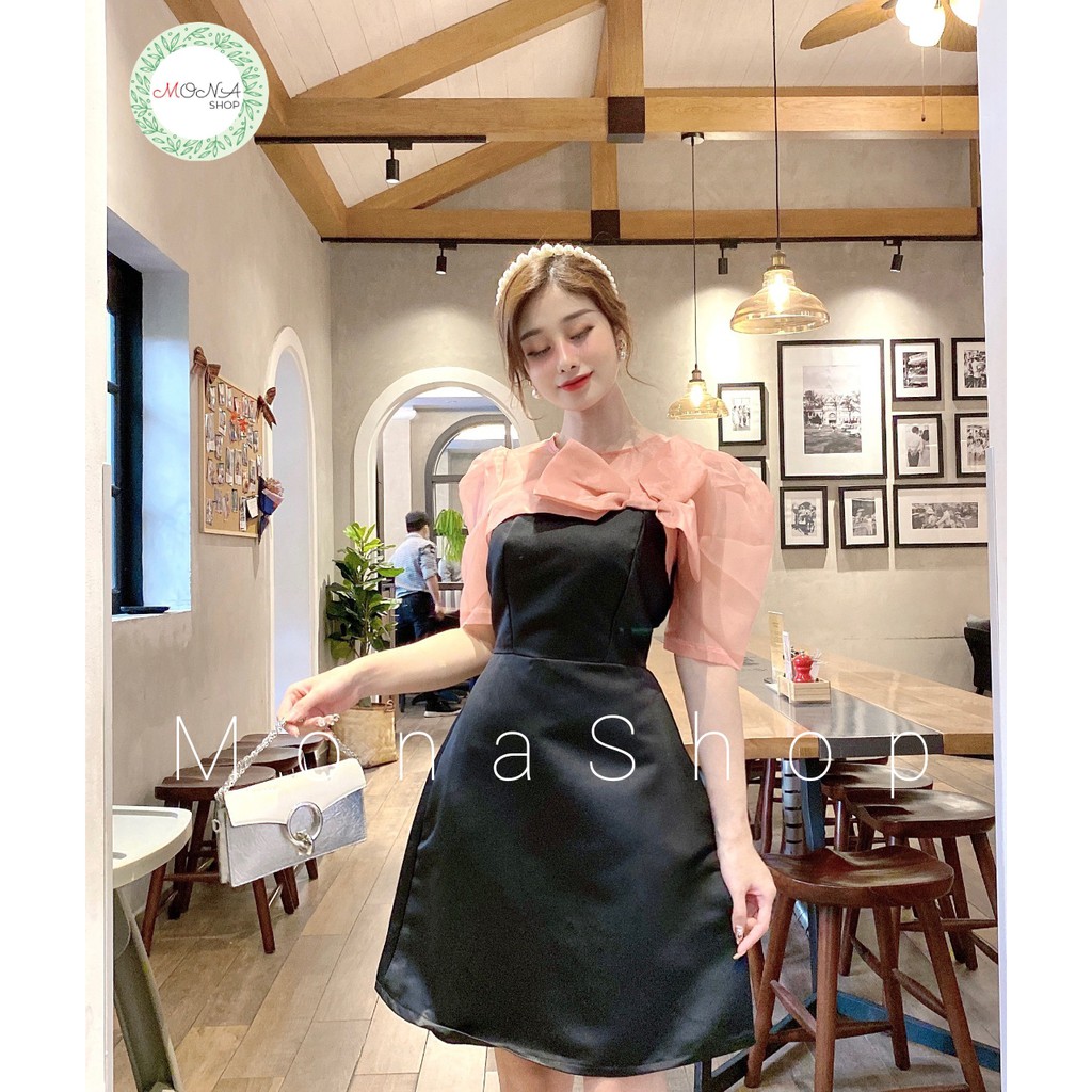 Đầm nữ váy thiết kế cổ tròn tay phồng dáng xoè có nơ ngực sang chảnh cao cấp | BigBuy360 - bigbuy360.vn