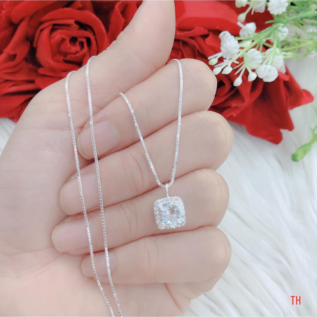 Dây chuyền nữ, bạc 925, dây chuyền kết hợp mặt đá vuông ngũ sắc, phụ hợp các bạn nữ