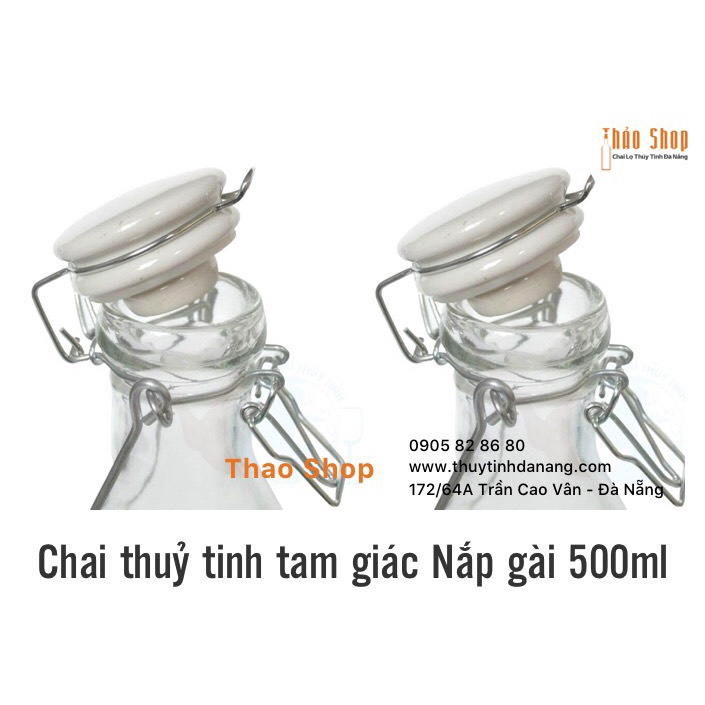 💓💓 💓 Chai Thủy Tinh Tam Giác Nắp Gài Bằng Sứ có quai xách tiện lợi đựng nước trái cây nước ép 500ml