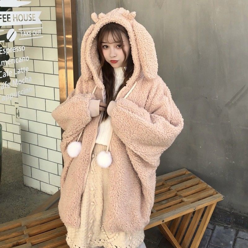 (ORDER) Áo Hoodie nữ mũ tai thỏ giả lông cừu siêu đáng yêu ấm áp Hàn Quốc - Có ảnh thật