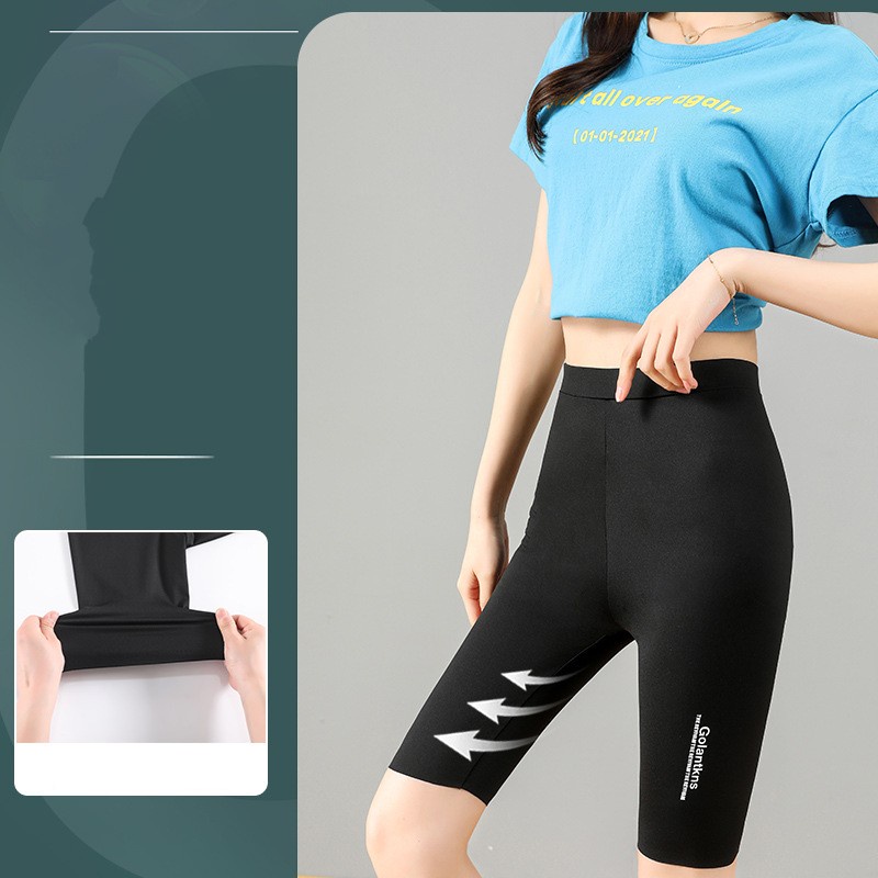 Quần Legging Lụa Mát Màu Trơn Lưng Cao Co Giãn Tốt Không Đường May Họa Tiết Cá Mập Cho Nữ