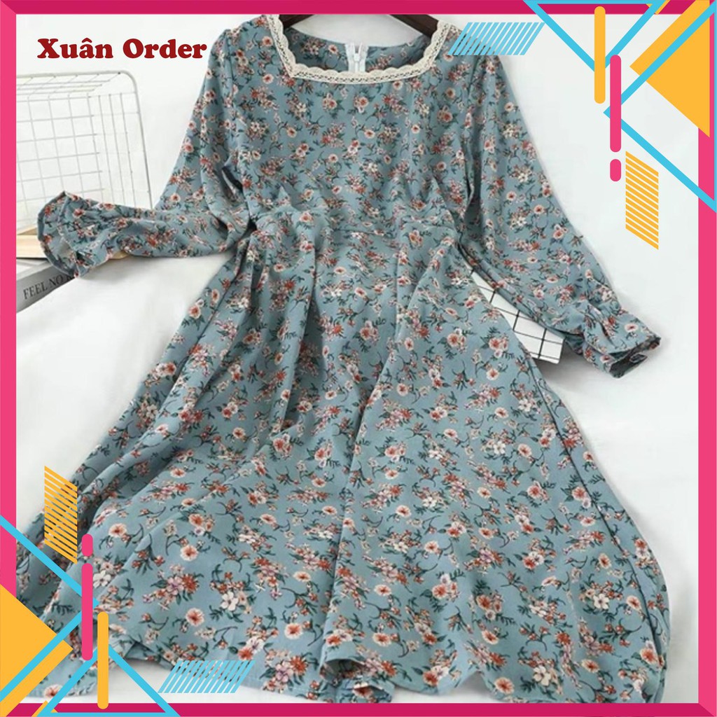 (Order 7-12 ngày)Đầm hoa dáng xoè cổ vuông có đai eo (1 lớp) Hàng Quảng Châu