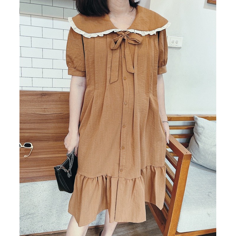 [Mã FATHANG5 giảm 10K đơn 50K] Đầm đũi nâu cổ viền bèo | BigBuy360 - bigbuy360.vn