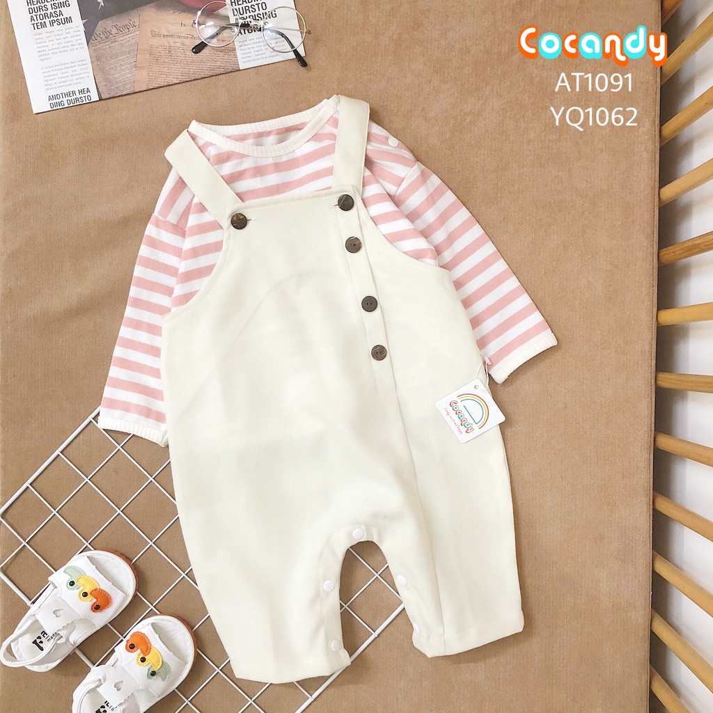 Set đồ cho bé -Yếm quần nhung be cúc lệch và áo thun kẻ hồng cho bé của COCANDY mã YQ106270, AT1 thumbnail