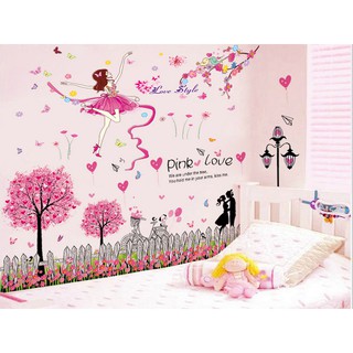 Decal dán tường Combo hàng rào pink love + cô gái múa bale