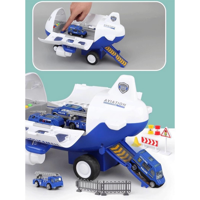 bộ đồ chơi máy bay chứa các bộ xe cảnh sát_công trình_cứu hỏa bằng hợp kim và biển báo cho bé