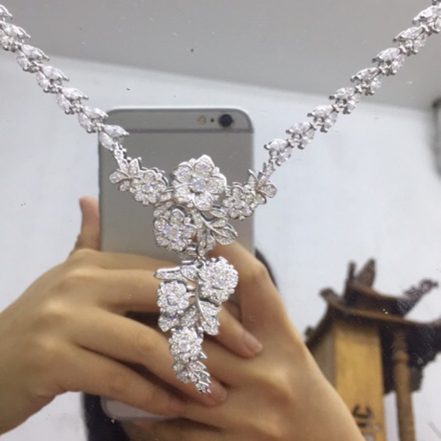 Vòng cổ liền mặt sang trọng bạc thật mạ vàng xi kim đá nhân tạo