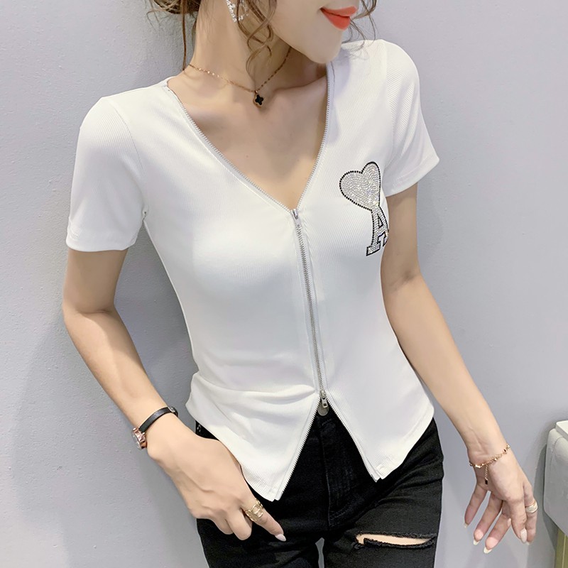 Áo Cardigan Tay Ngắn Phối Khóa Kéo Đính Đá Size S-3Xl Thời Trang Mùa Hè Phong Cách Châu Âu