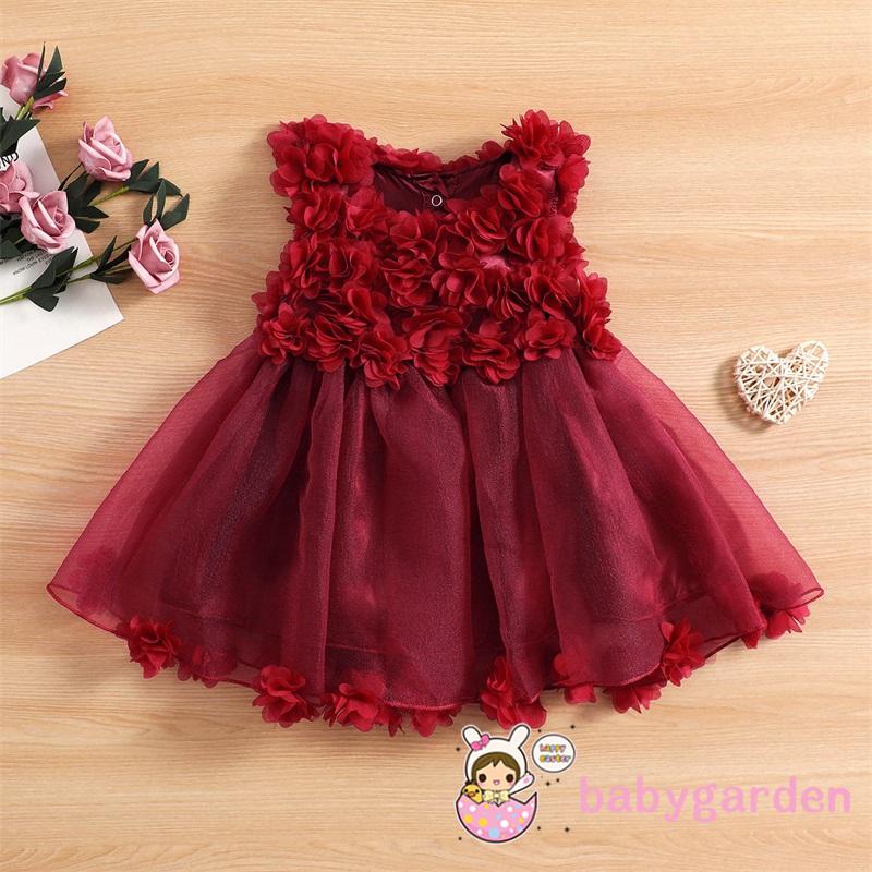 Đầm Công Chúa Mùa Hè Không Tay Màu Trơn Họa Tiết Cánh Hoa 3D Cho Bé Gái 6 Tháng Tuổi