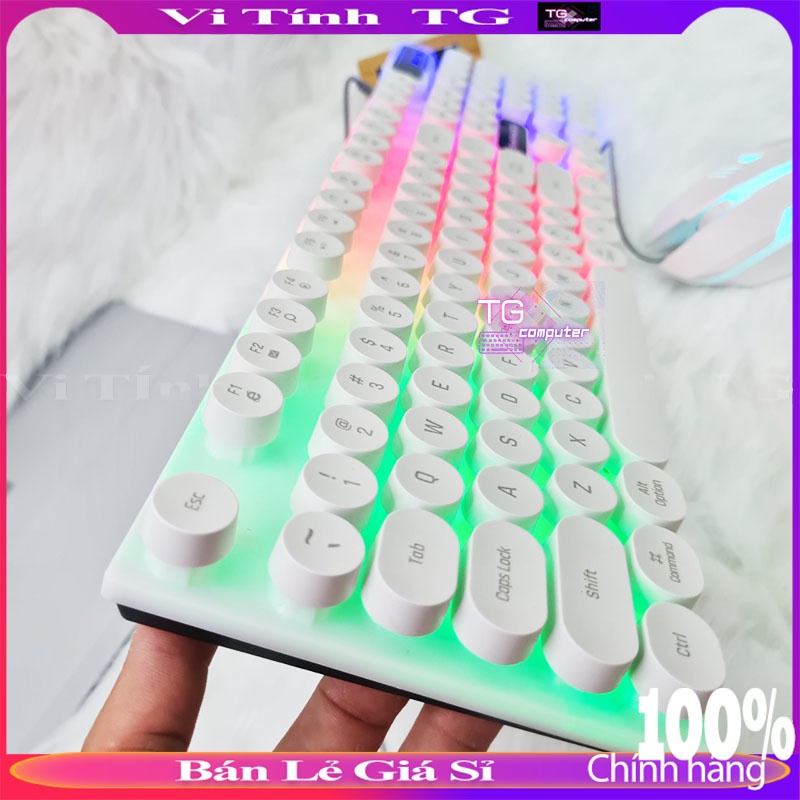 Combo Bàn phím màu trắng nút tròn kèm chuột có led đa màu cực đẹp - Vi tính TG K500