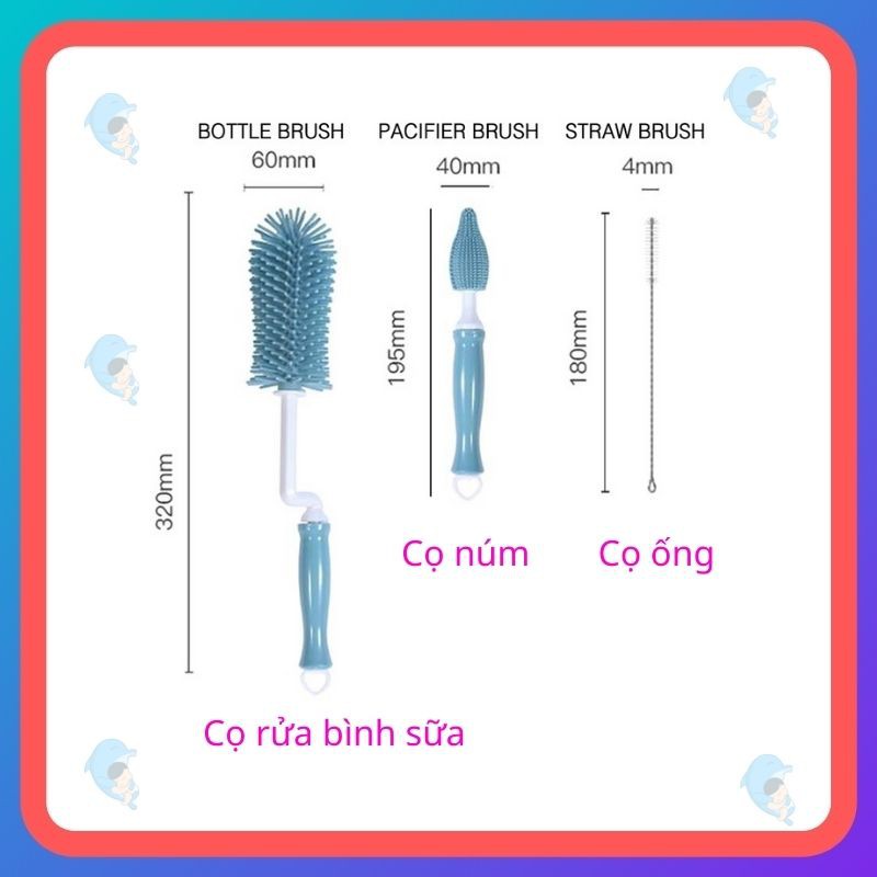 Bộ Cọ Rửa Bình Sữa Silicon Cao Cấp An Toàn 3 Chi Tiết Giúp Làm Sạch Và Loại Bỏ Vi Khuẩn