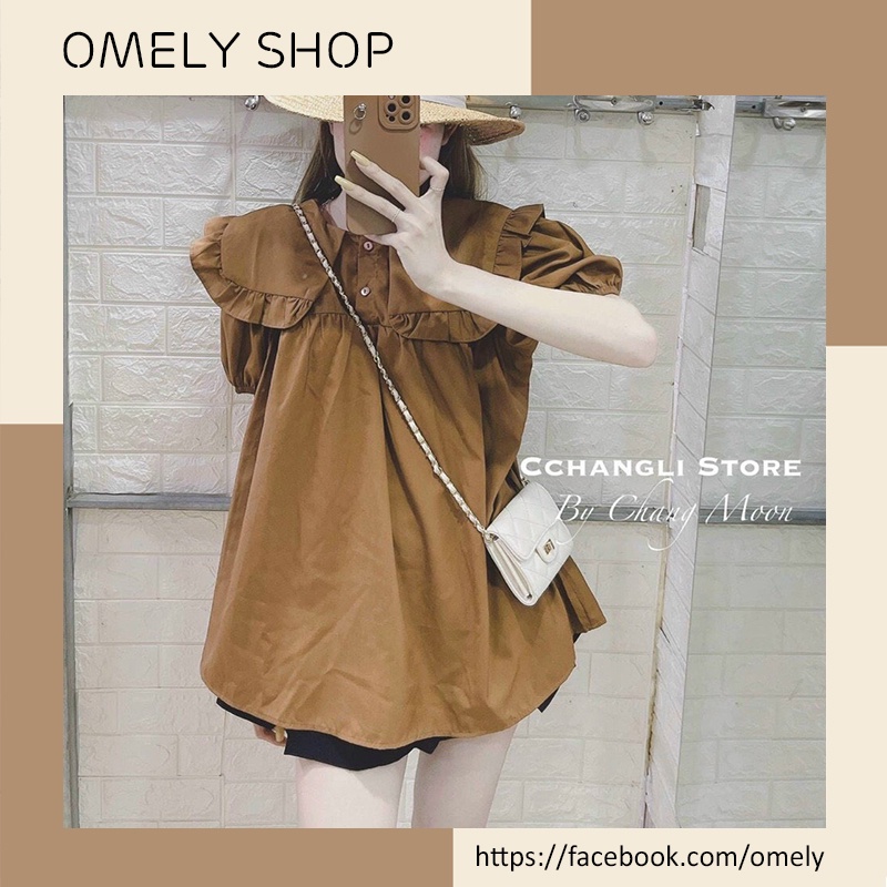 Áo sơ mi nữ Áo kiểu nữ nâu cổ sen lớn tay ngắn hàng Quảng Châu cao cấp - OMELY SHOP