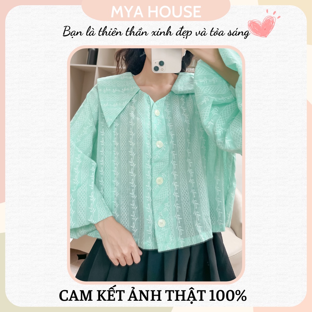 Áo sơmi xanh lá in hoạ tiết tay phồng cổ nhọn Lily shirt