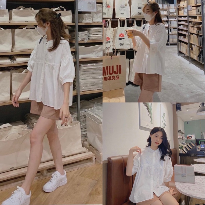 [ẢNH THẬT/VIDEO]Set babydoll gồm áo sơ mi trắng và quần đũi be Set cute Quảng Châu