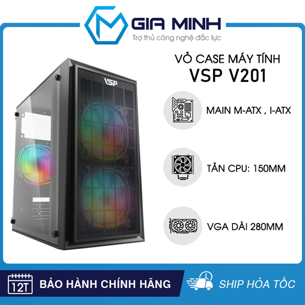Vỏ Case Máy Tính VSP V201 - Văn Phòng Size M-ATX - Nắp Hông Mica Trong Suốt - Mặt Trước Nhựa Lưới - Hàng Chính Hãng