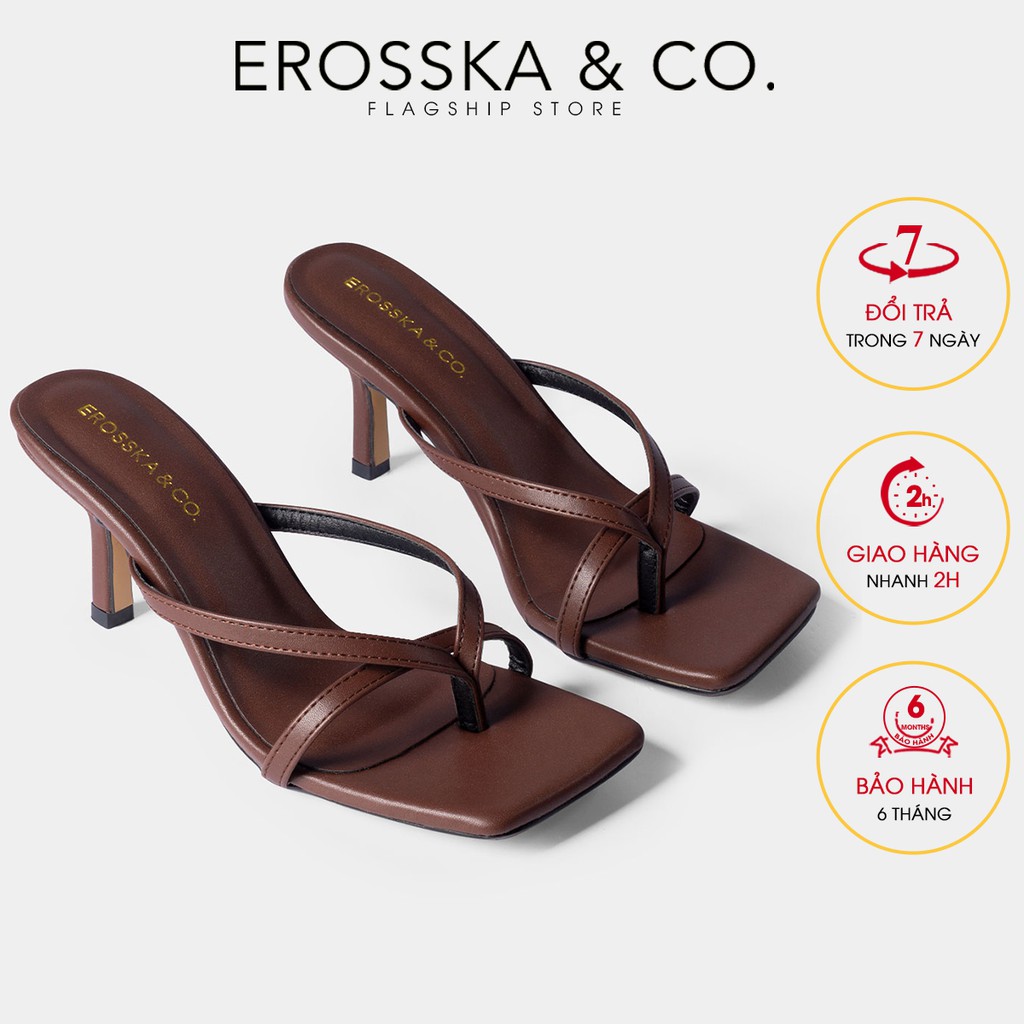 Dép cao gót Erosska mũi vuông xỏ ngón phối dây cao 7cm màu nâu đậm _ EM060