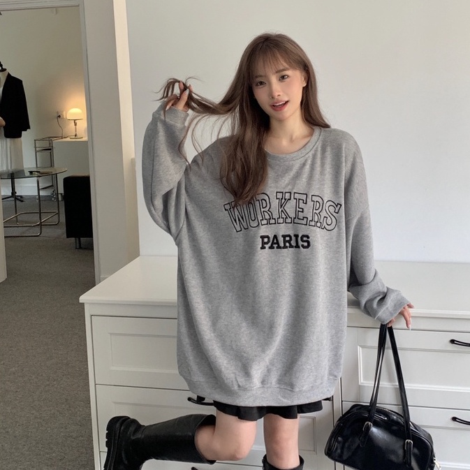 【ZHELIHANGFEI】Áo Thun Nỉ Tay Dài Dáng Rộng In Chữ Trẻ Trung Năng Động Hợp Thời Trang