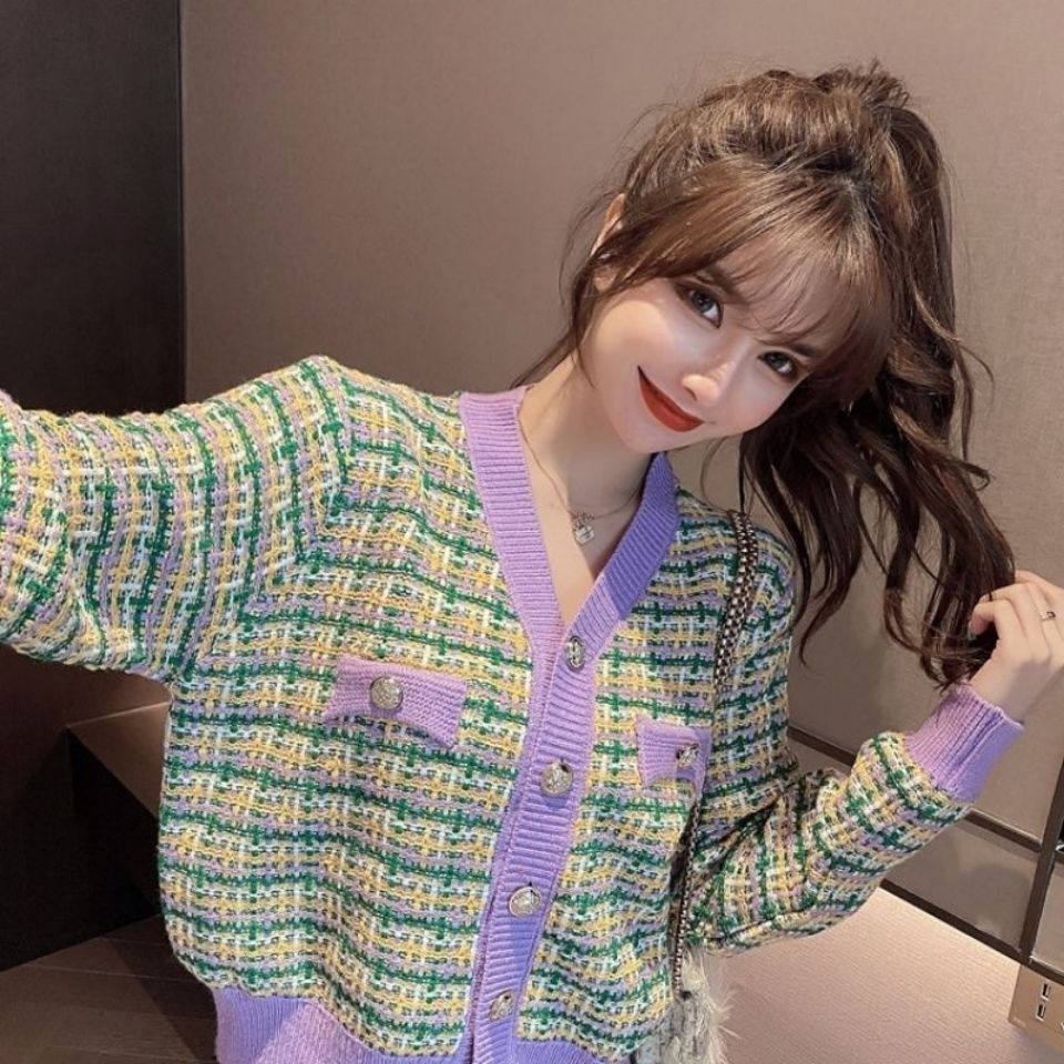 Áo khoác len cardigan họa tiết sọc caro phong cách Hàn Quốc thời trang cho nữ