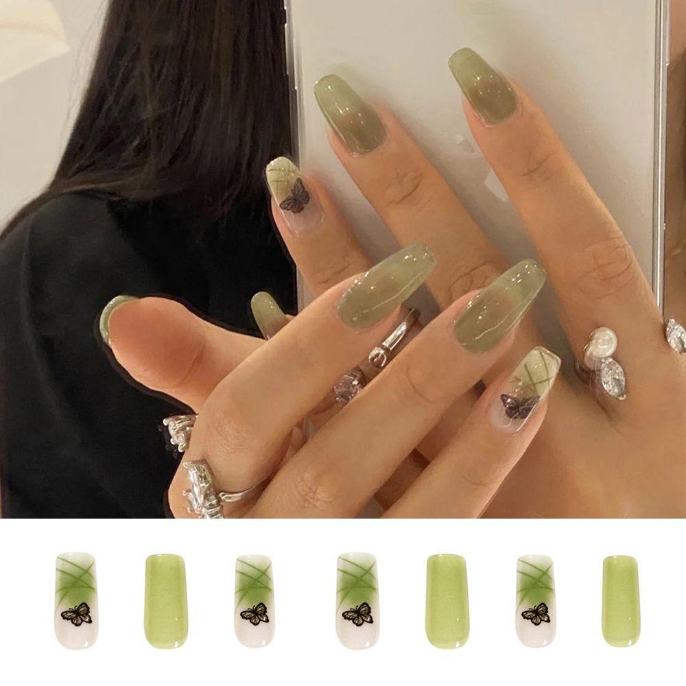 KAREN 24pcs/Box Matcha Butterfly Square Head False Nails Detachable Nail Tips Wearable Artificial Manicure Tool Full Cover Press On Nails Fake Nails