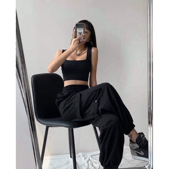 Áo croptop hai dây bản to cổ vuông, áo ba lỗ sát nách cổ vuông chất cotton bo zip co dãn Vati