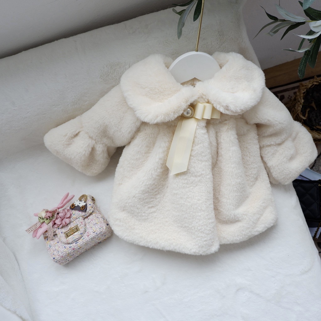 Áo lông bé gái Kiwy Kids phong cách tiểu thư,cổ đính nơ bên trong trần bông Kids47-2155 cho bé từ 9 tháng đến 5 tuổi
