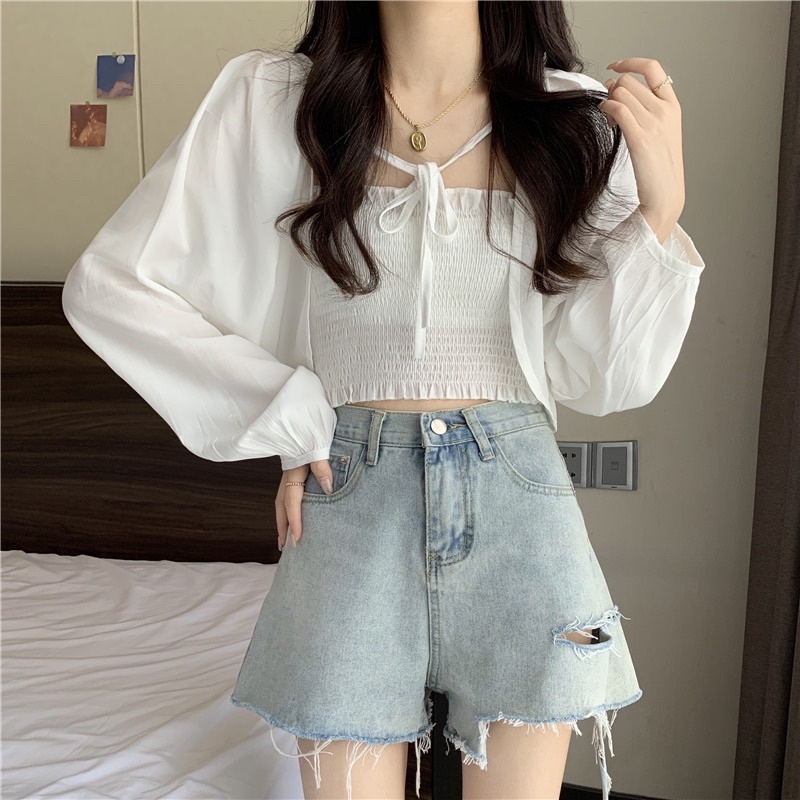 Set Áo Khoác Cardigan Mỏng Mix Croptop Hai Dây Nhún Bèo Xinh Xắn Nữ Tính