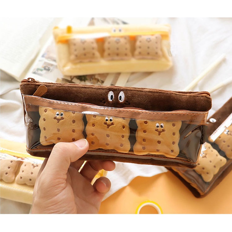 Hộp đựng bút, túi đựng bút bé bánh quy lông mịn kèm stiker bông dễ thương KT 21.5*4.5*9