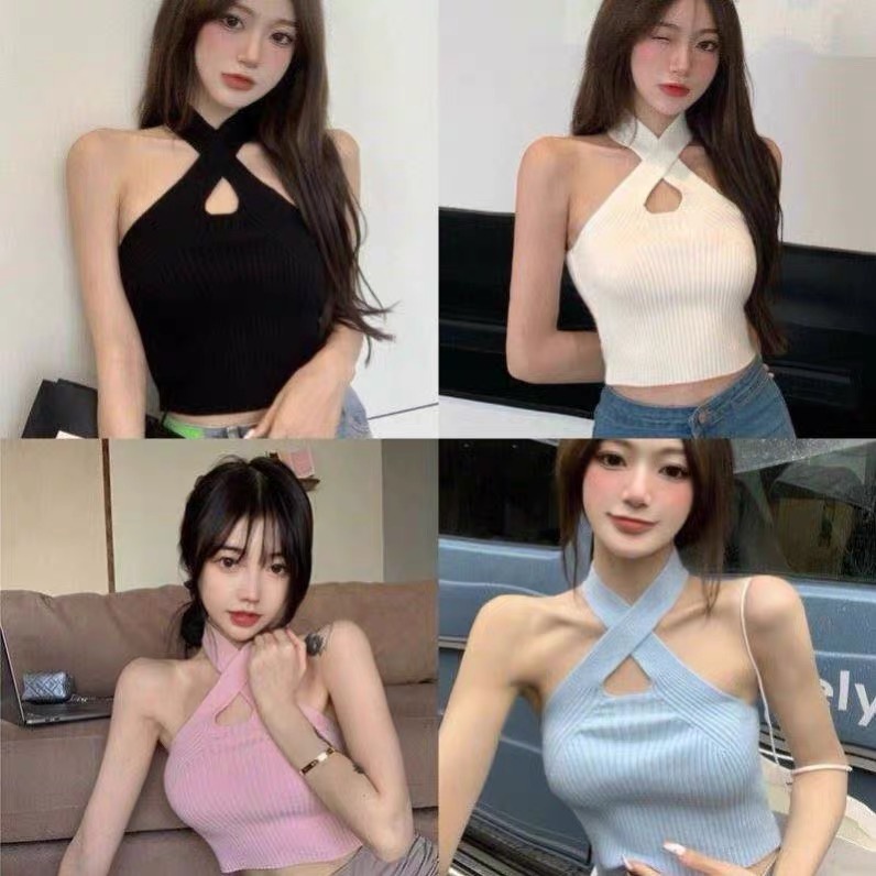 MS216 Áo len tăm croptop cổ yếm