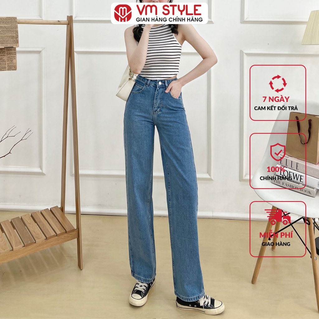 Quần jean nữ ống rộng VMSTYLE lưng cao trơn lai thường N110 Đ111 22QJR05AS2702