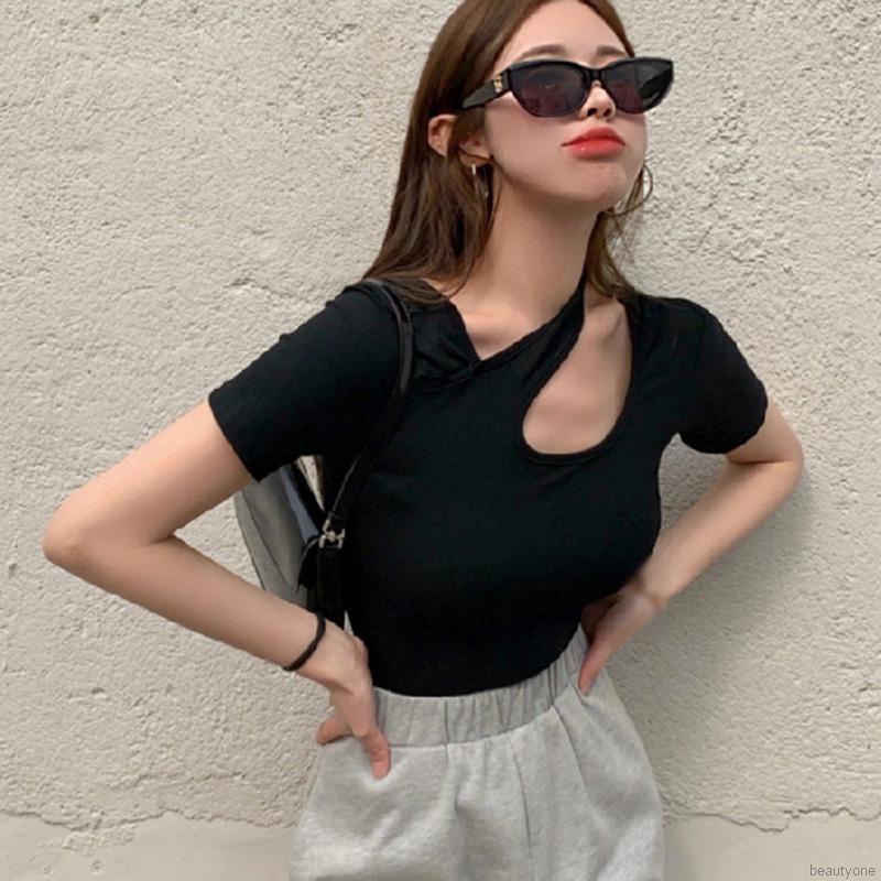 Women Summer Fashion Irregular Hanging Neck Design Sense Short Sleeve T-Shirt