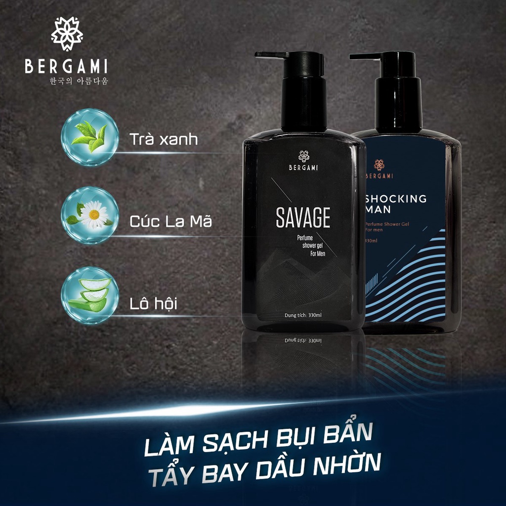 Combo 2 Sữa Tắm Nam Hương Nước Hoa Bergami Savage và Shocking Man, Ngừa Khuẩn Mùi Hương Nam Tính Lưu Hương 6H 330ml/chai