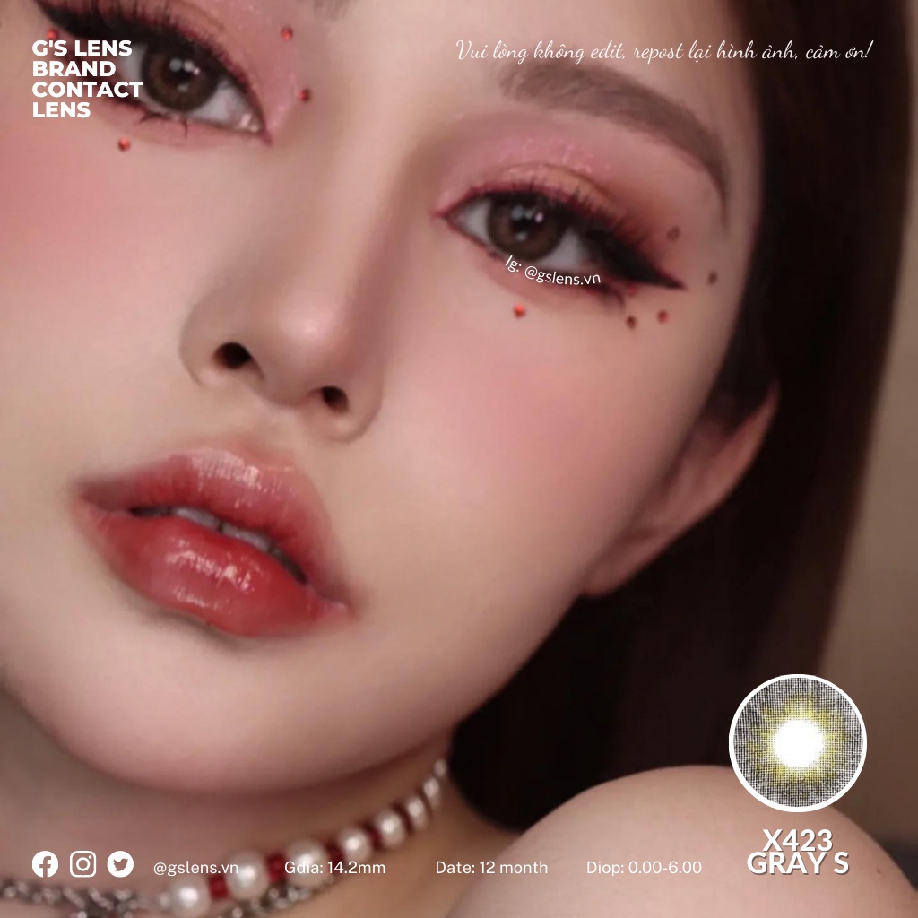 Lens Mắt Kính Áp Tròng Xám Tự Nhiên X423 Gray Giãn Ít Có Từ 0 Đến 6 Độ Lệch Độ Size S 14.2mm