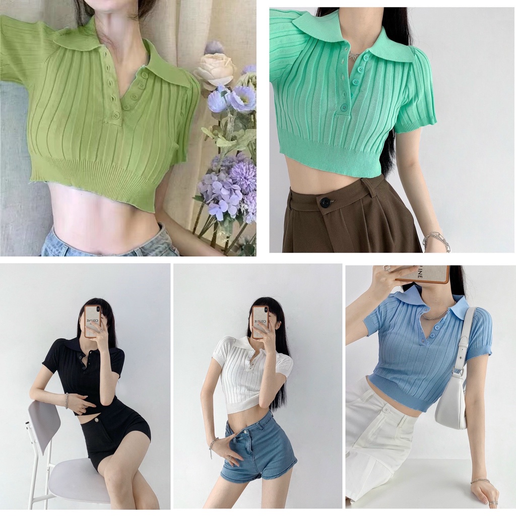 Áo len dệt kim croptop cổ đức cài khuy