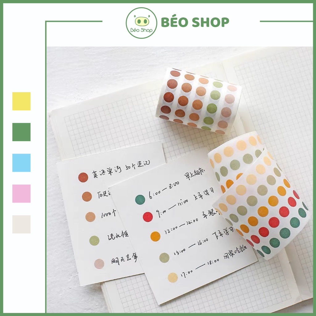 Cuộn miếng dán chấm tròn nhỏ Béo shop washi chấm nhỏ nhiều màu dùng trang trí sổ ghi chú, note việc cần làm tiện lợi