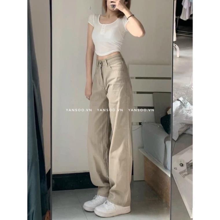 Quần jean ống rộng màu kem kaki cạp cao hách dáng cá tính , màu mới nhất năm nay | BigBuy360 - bigbuy360.vn