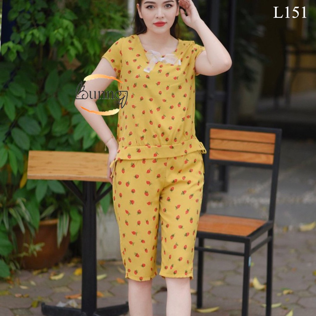[Bunny] Đồ bộ nữ, Đồ bộ mặc nhà mẫu lửng đũi dâu đơn giản và thoải mái