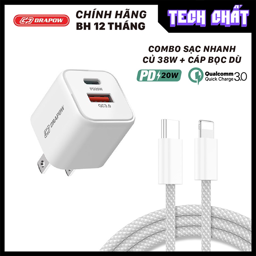 Bộ sạc nhanh 38W (BH 12 tháng) cho lphone & Android Ip5 - 13 promax CHÍNH HÃNG DRAPOW củ sạc nhanh chống cháy nổ