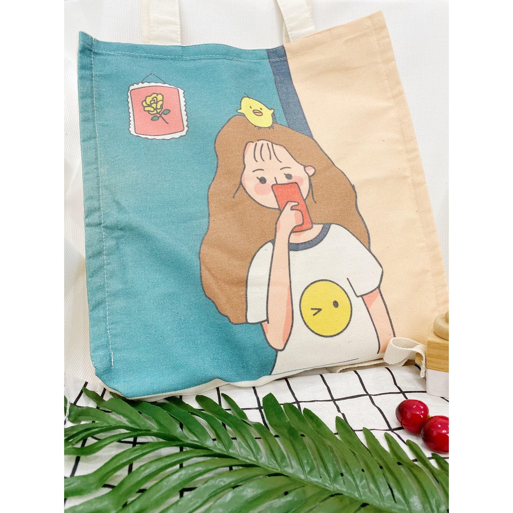 Túi Tote Túi Vải Leo Canvas Cô Gái Chụp Ảnh Xanh