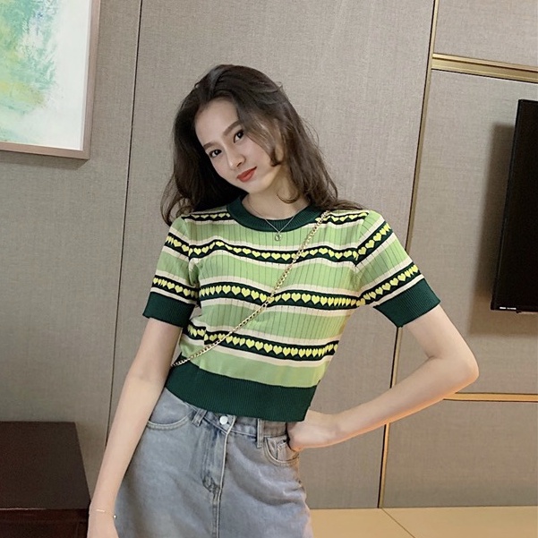 Áo thun dệt kim tay ngắn dáng rộng phong cách Hàn Quốc thời trang cho nữ