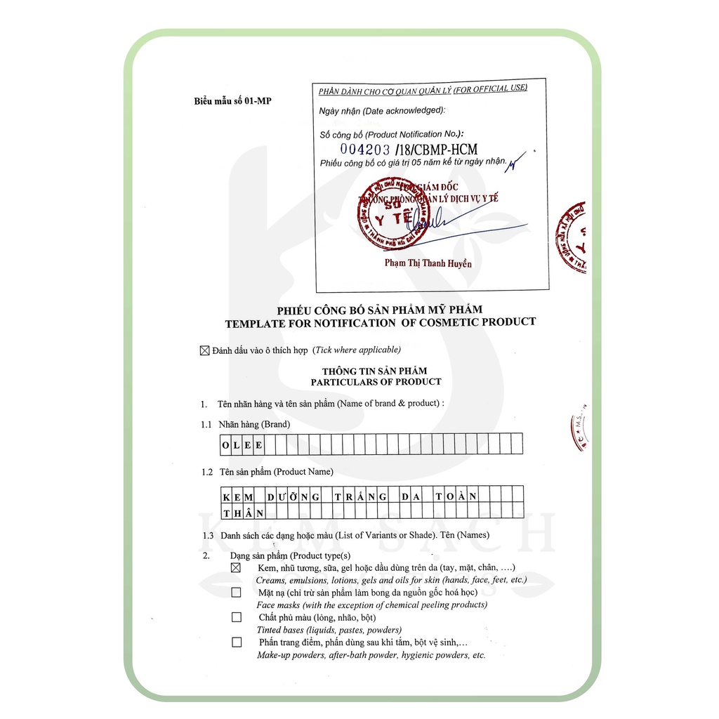 Kem Dưỡng Trắng Da Toàn Thân Olee